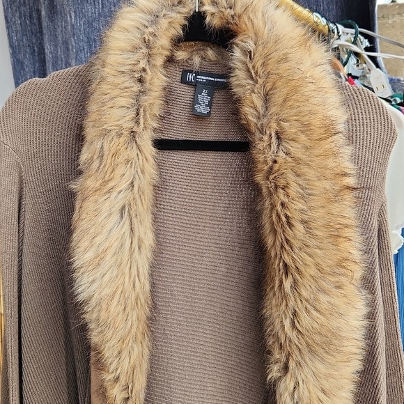 INC International Concepts Womens  Front Cardigan Sweater Faux Fur Trim Taupe 2X - Picture 3 of 10